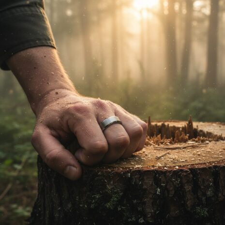 Mens brushed tungsten wedding ring on lumberjack