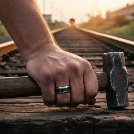 Carbon fibre tungsten ring with blue highlights on railway worker