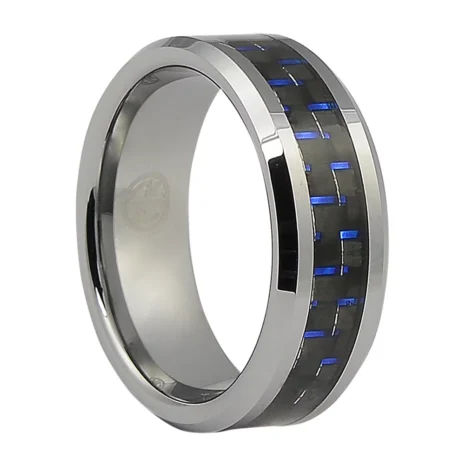 Carbon Fibre 8mm Tungsten Ring with Blue Highlights