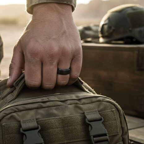 Black tungsten mens ring with rose gold on tactical worker