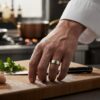 Satin titanium mens ring with polished gold edge on chef