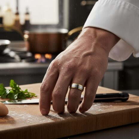 Satin titanium mens ring with polished gold edge on chef