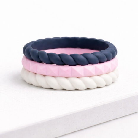 pack of silicone stackable rings for women in navy, pink and white
