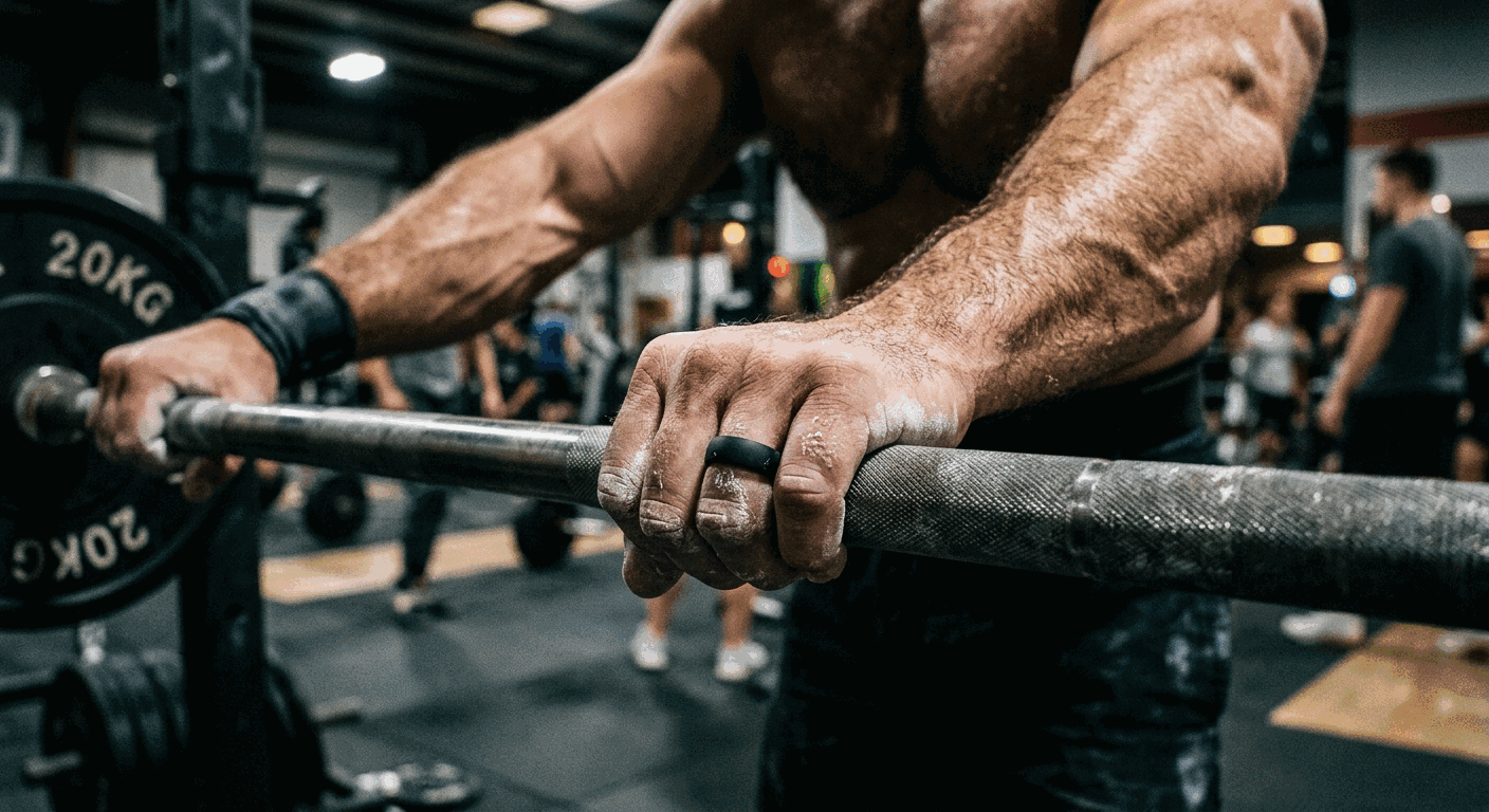 Man gripping barbell with black silicone ring at gym