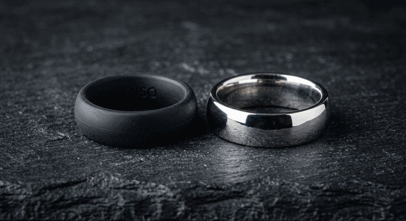 Silicone ring and metal ring side by side on dark background