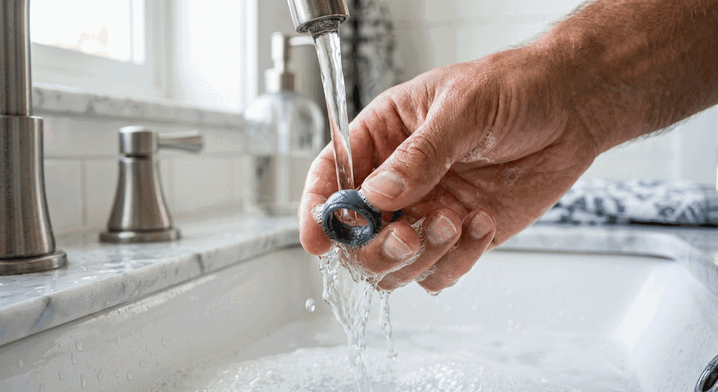 Man cleaning a silicone ring under warm running water with soap