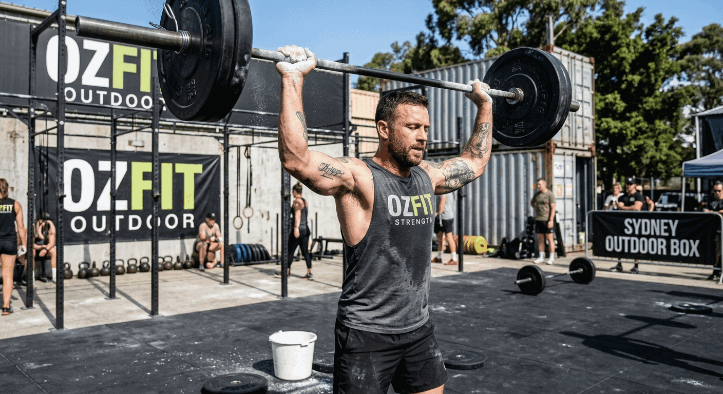 Active Australian man at a CrossFit gym wearing a black silicone ring while lifting weights