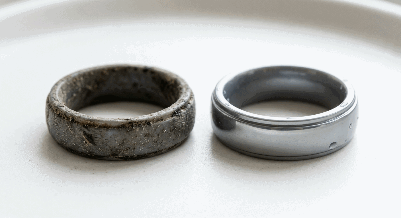 Two silicone rings side by side showing before and after cleaning — one dirty, one clean