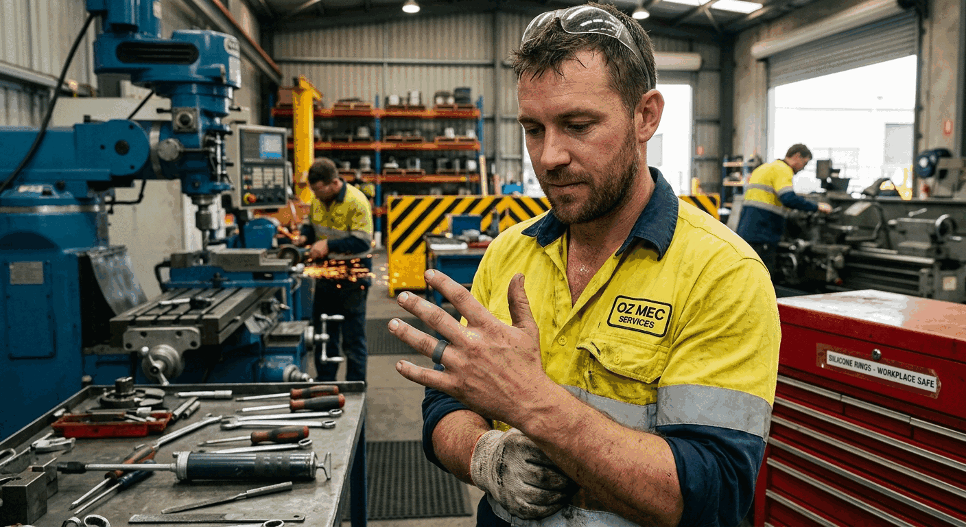 Australian tradesman examining his silicone ring on the worksite, demonstrating workplace ring safety
