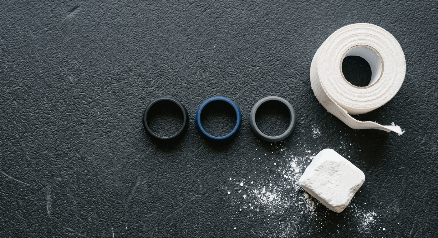 Silicone rings in black, navy and charcoal on a gym mat with athletic tape — ideal for active lifestyle