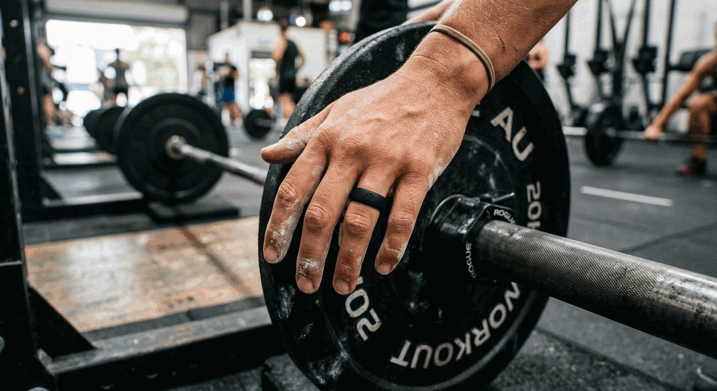 Silicone ring on athletic hand at gym — safe for sport and active lifestyles