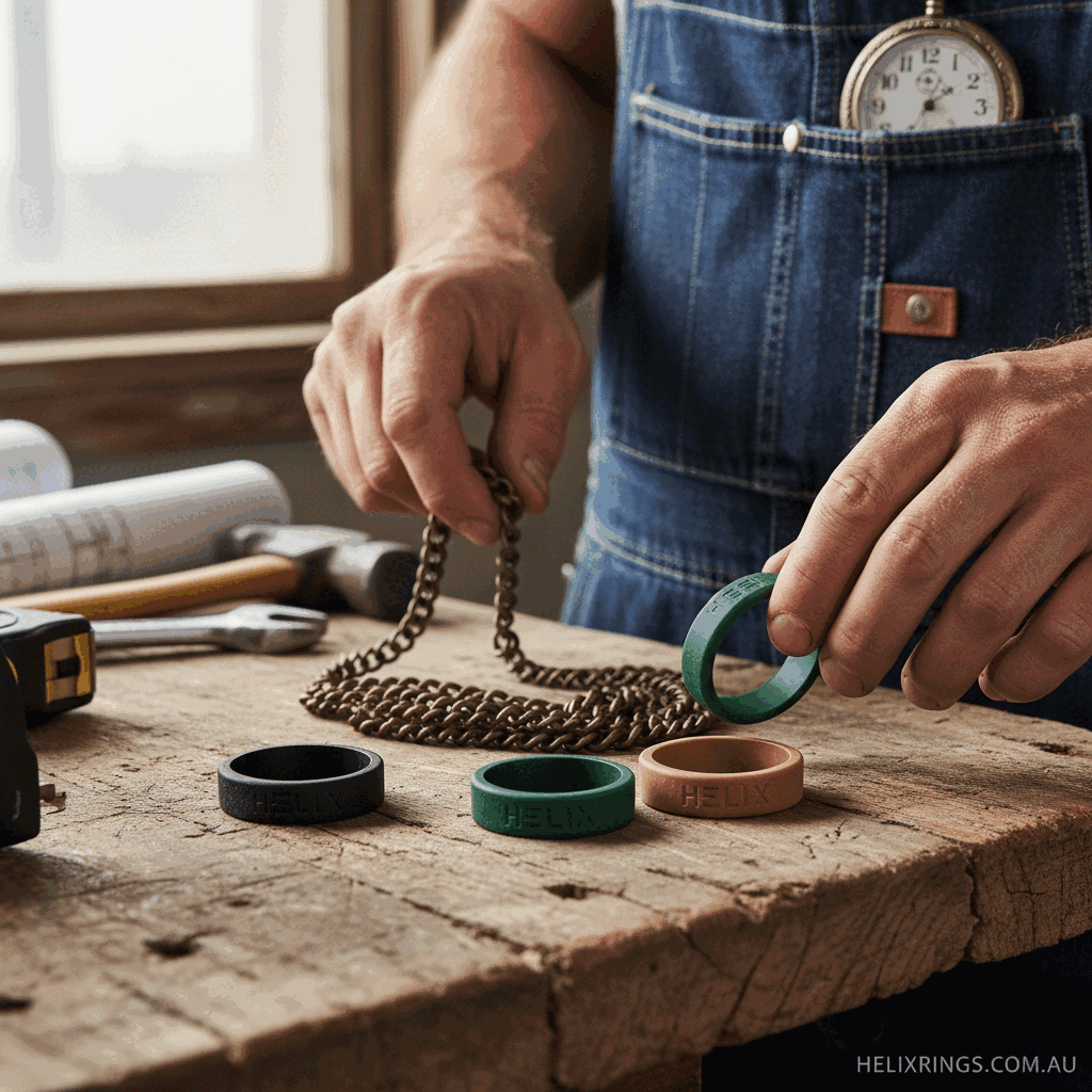 Hero lifestyle image of a tradie wearing a silicone ring in a practical work setting