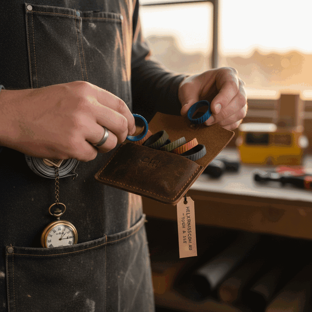 Mid-article image of a tradie comparing silicone ring styles before buying