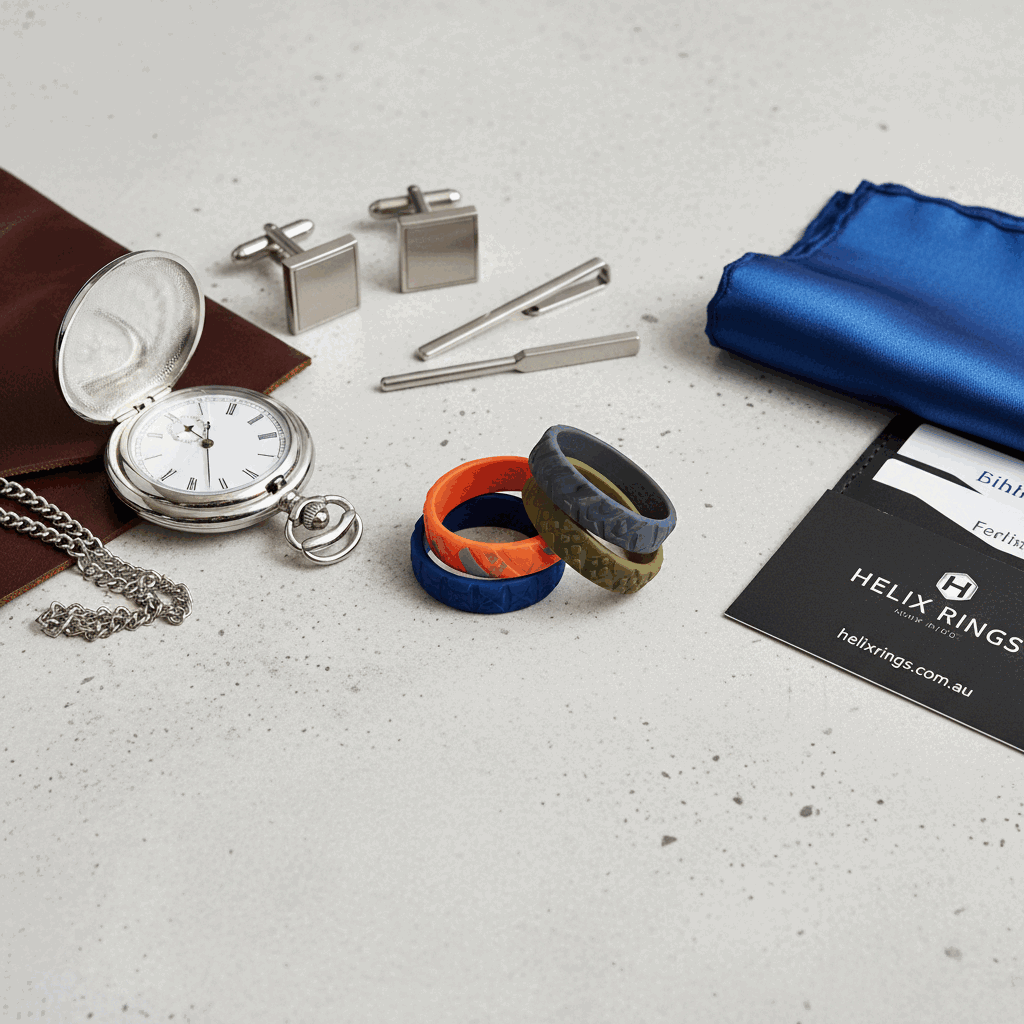 Close-up flat lay of a silicone ring with practical everyday accessories for a tradie