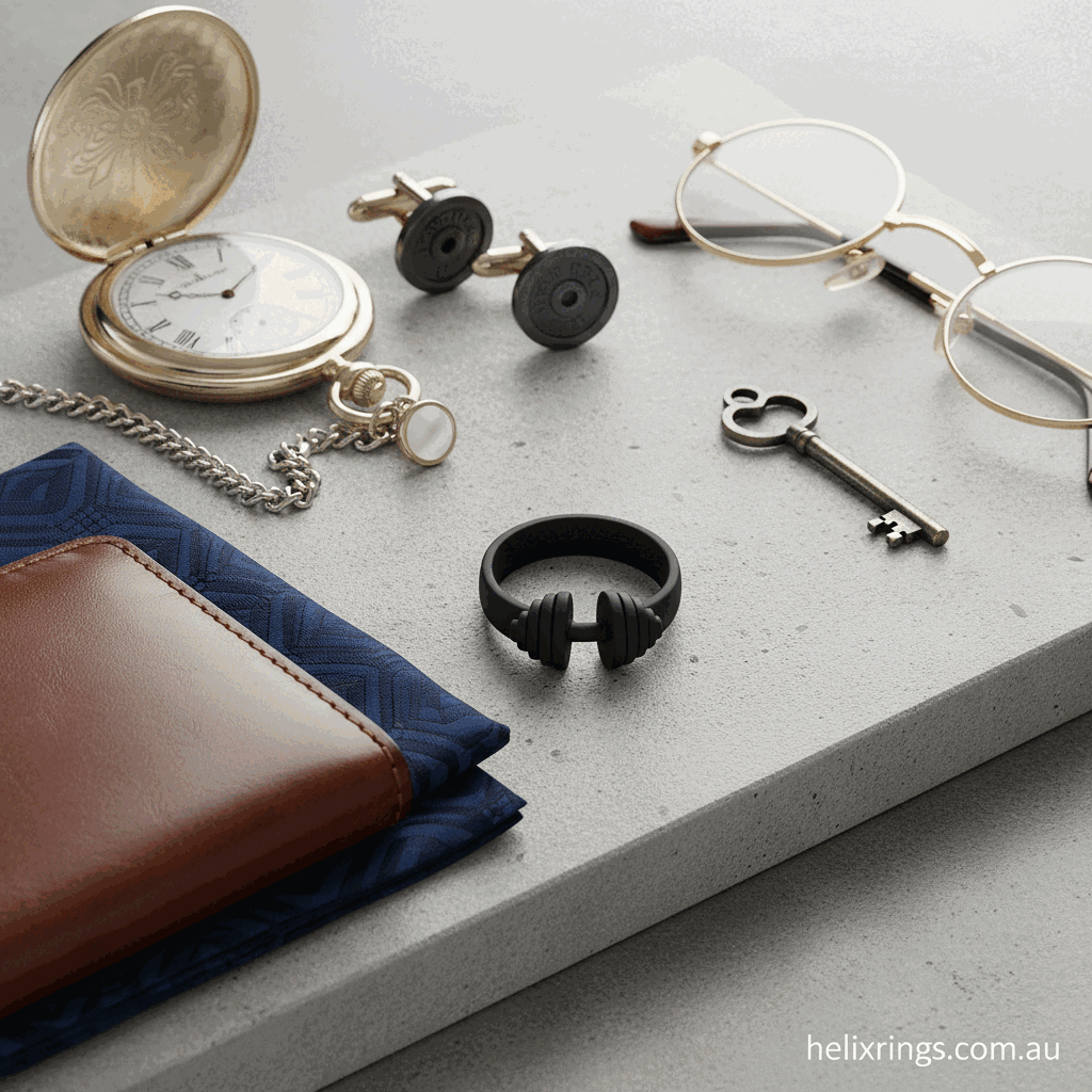 Detail close-up or styled flat-lay of a lifting weights silicone ring with complementary formal accessories for helixrings.com.au