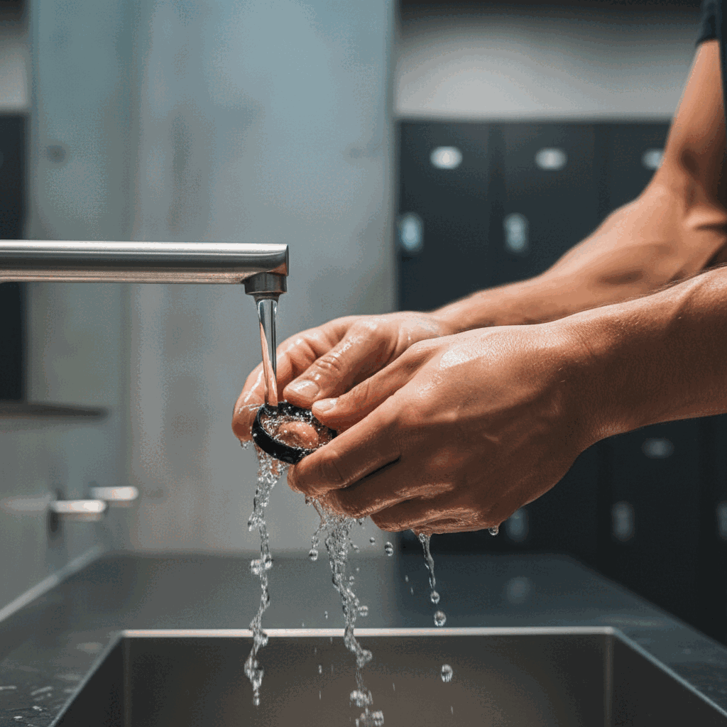 Athlete cleaning a black silicone ring after training
