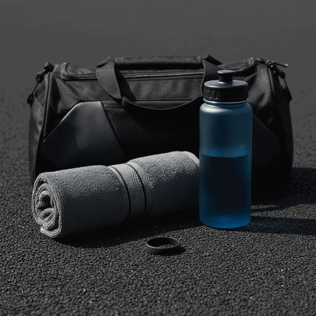 Black silicone ring with gym gear on a dark athletic surface