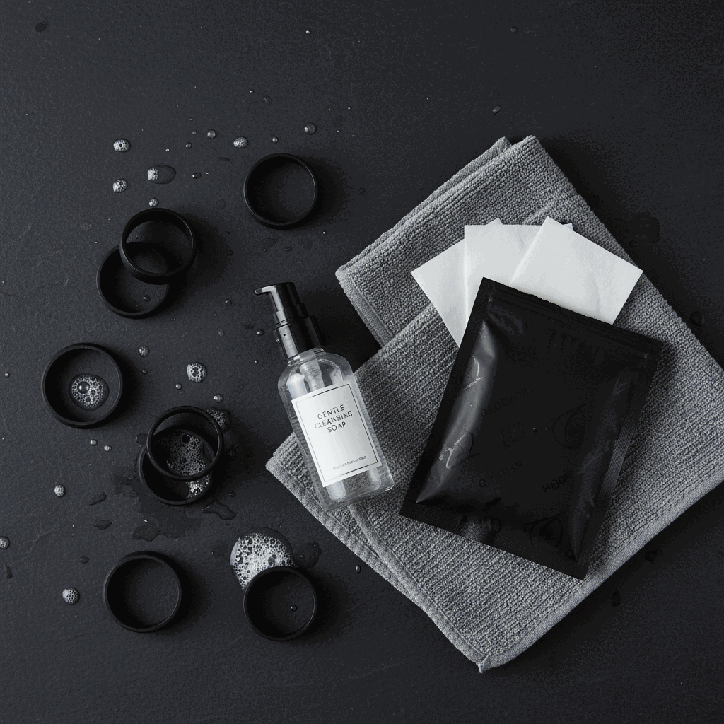 Silicone ring care essentials laid out for post-gym cleaning