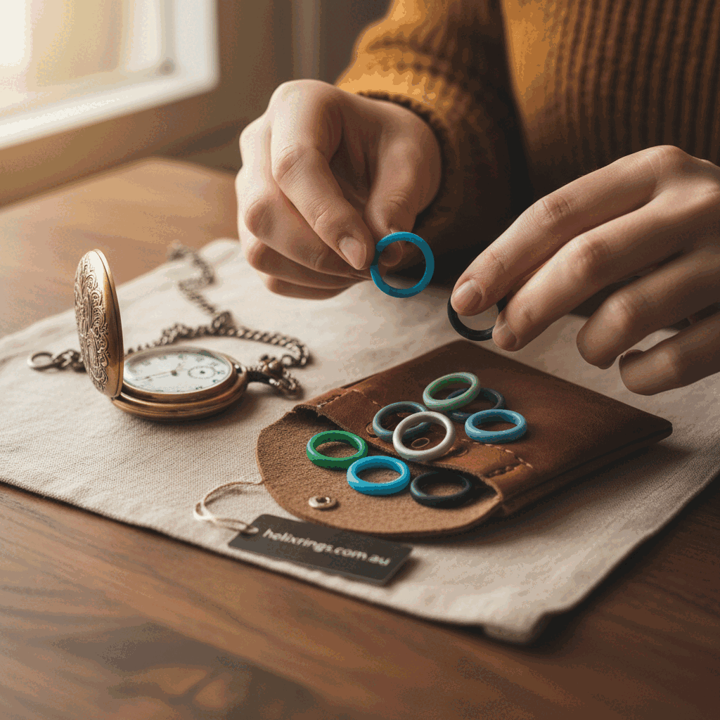 Mid-article image of a person choosing between silicone ring options for Helix Rings.