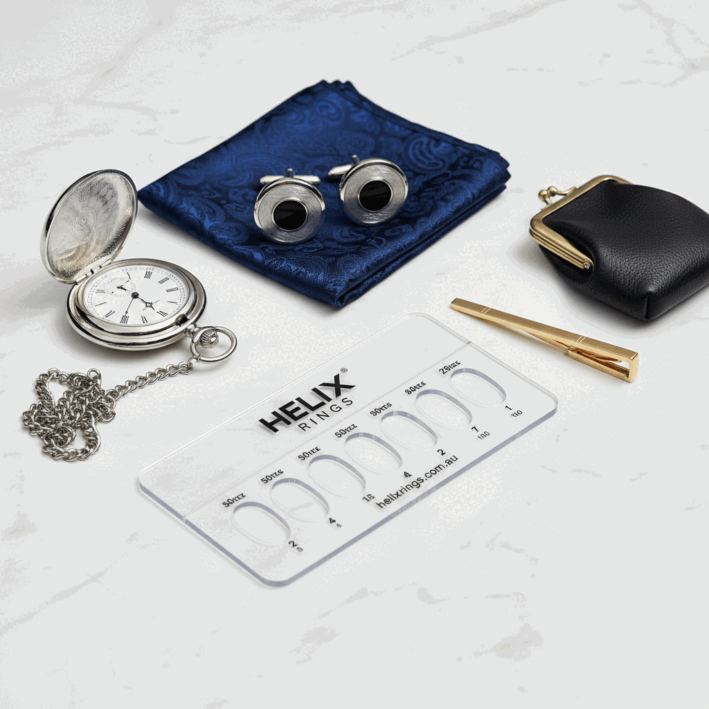 Close-up flat lay showing a silicone ring width guide and complementary accessories from Helix Rings