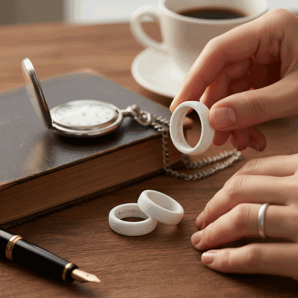 Mid-article supporting image of a person handling or selecting a clean chalk sweat silicone ring for helixrings.com.au