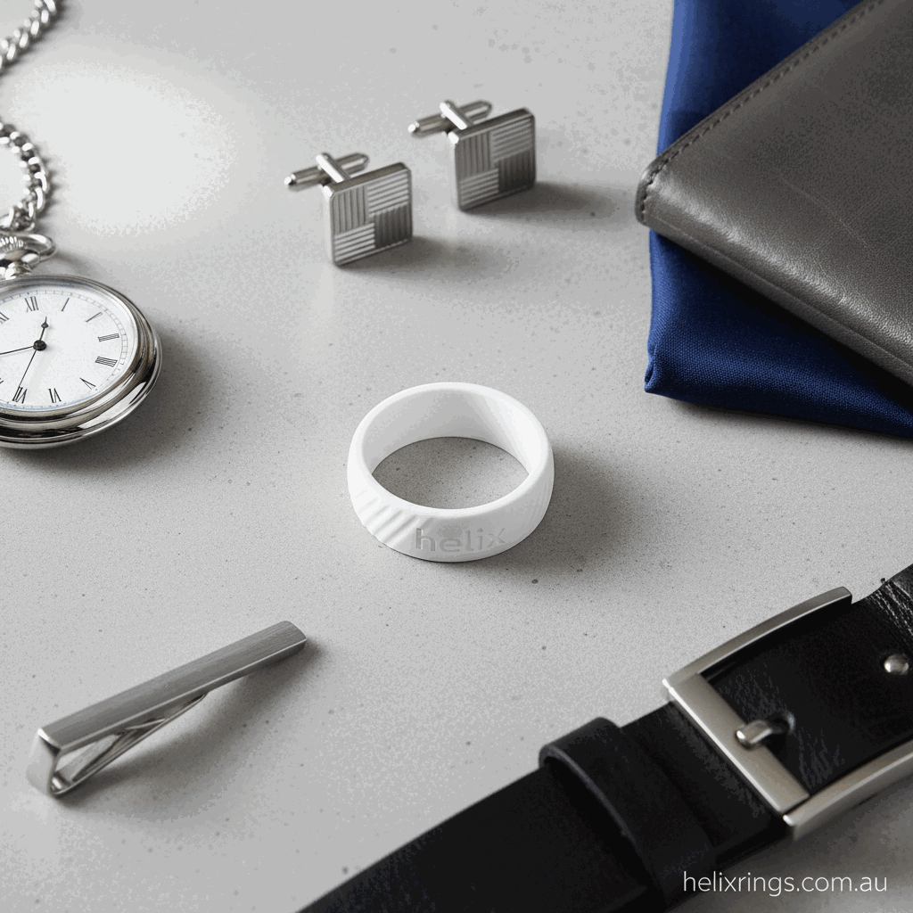 Detail close-up or styled flat-lay of a clean chalk sweat silicone ring with complementary formal accessories for helixrings.com.au