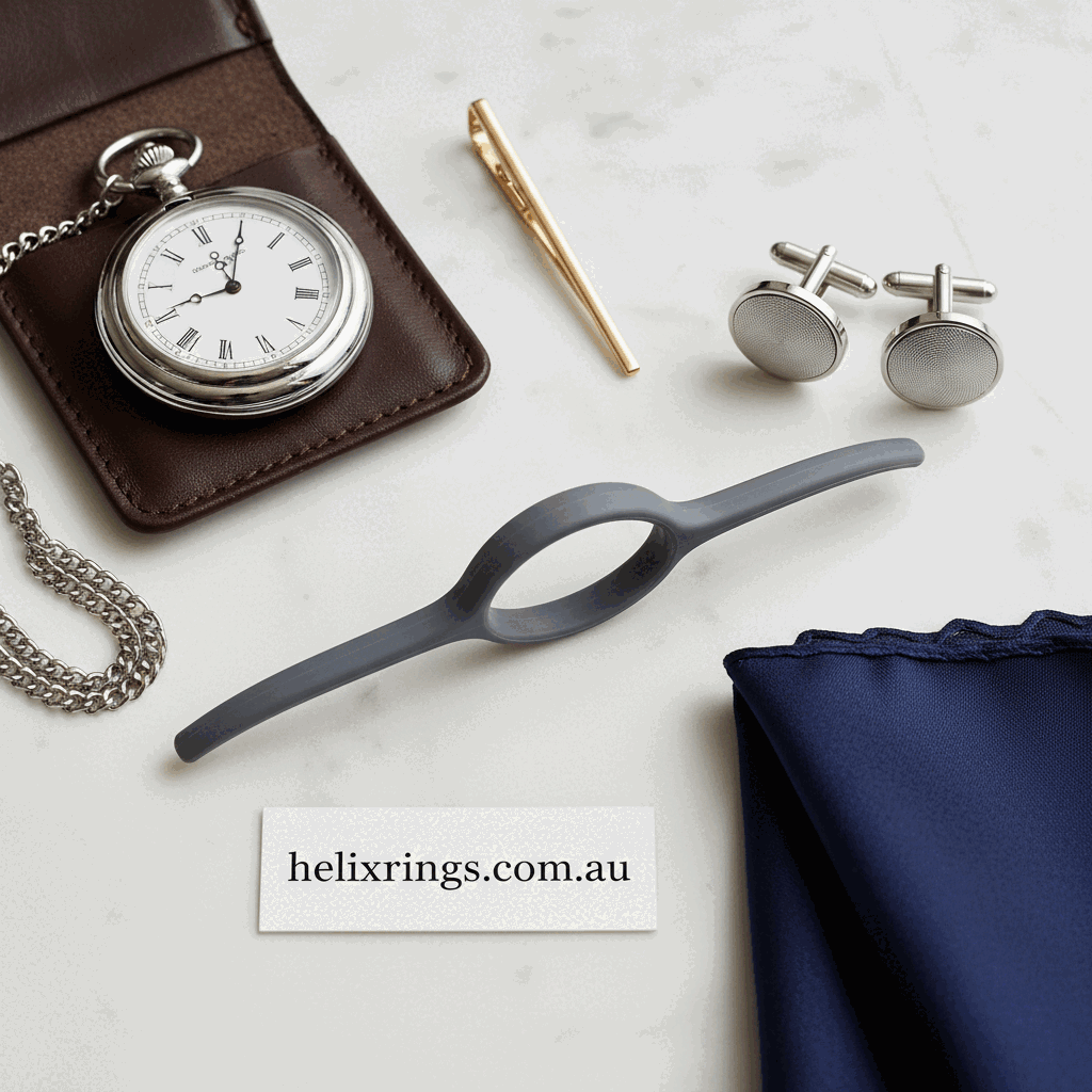 Detail close-up or styled flat-lay of a silicone ring stretching out with complementary formal accessories for helixrings.com.au. Clean product detail emphasizing ring shape and finish.