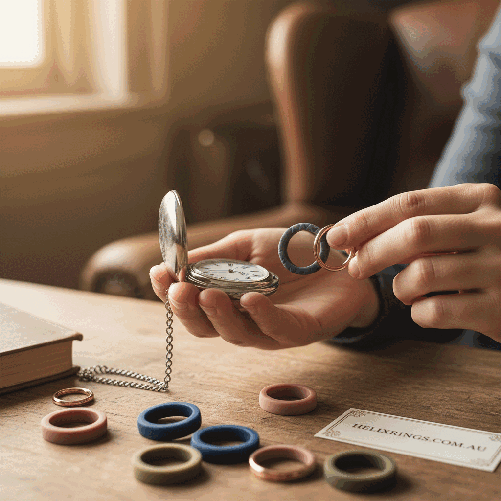 Mid-article image of a man selecting a silicone ring as a comfortable alternative to metal