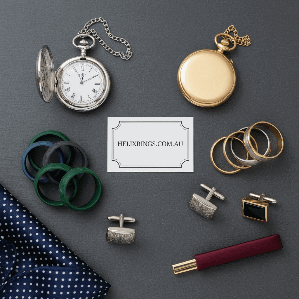 Close-up flat-lay of silicone rings and formal accessories for active men