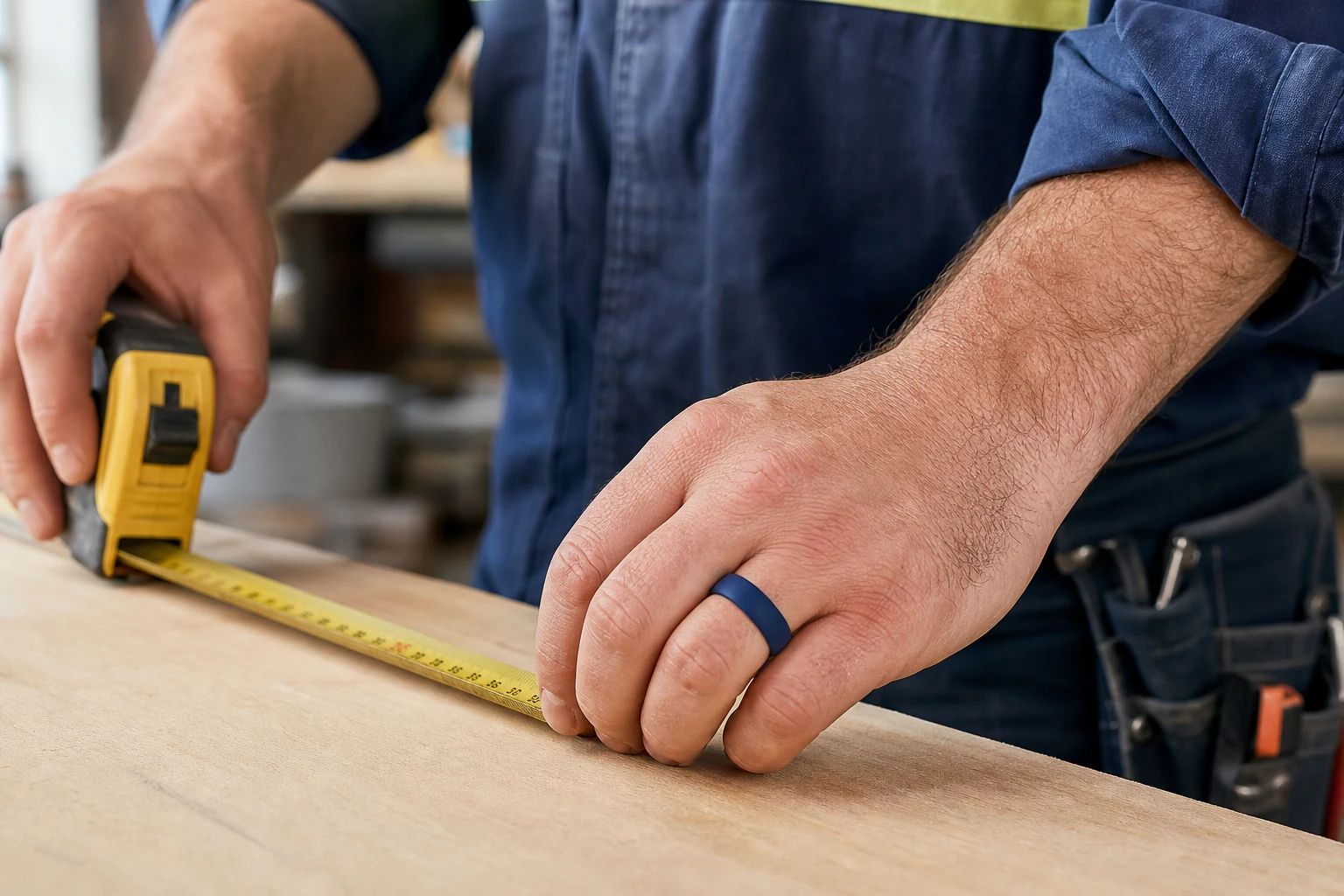 Hero lifestyle image of a tradie wearing a silicone ring in a practical work setting