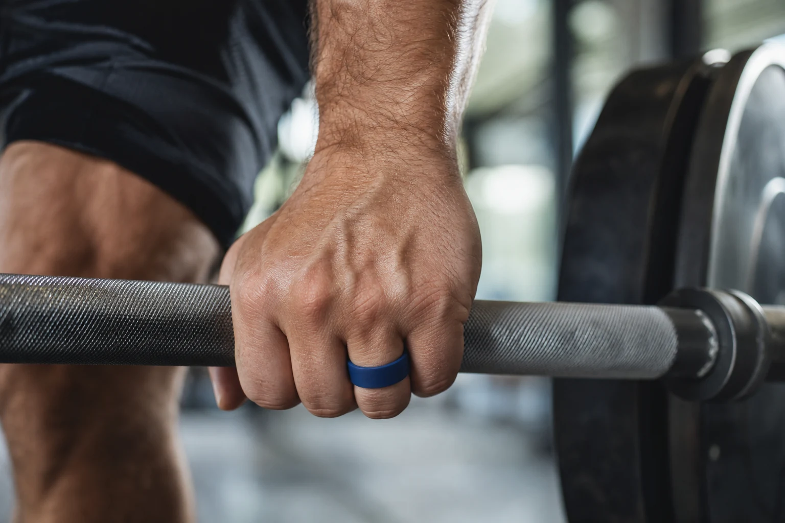 Hero lifestyle shot of a lifting weights silicone ring for helixrings.com.au in a clean active-lifestyle setting