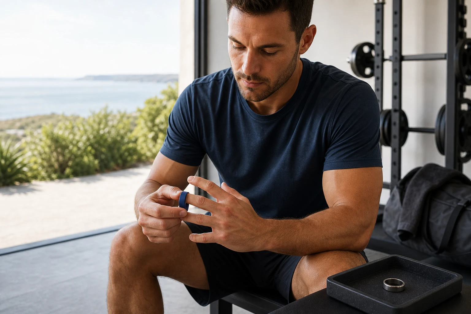 Lifestyle image showing a silicone ring for active men, highlighted as a practical alternative to metal rings
