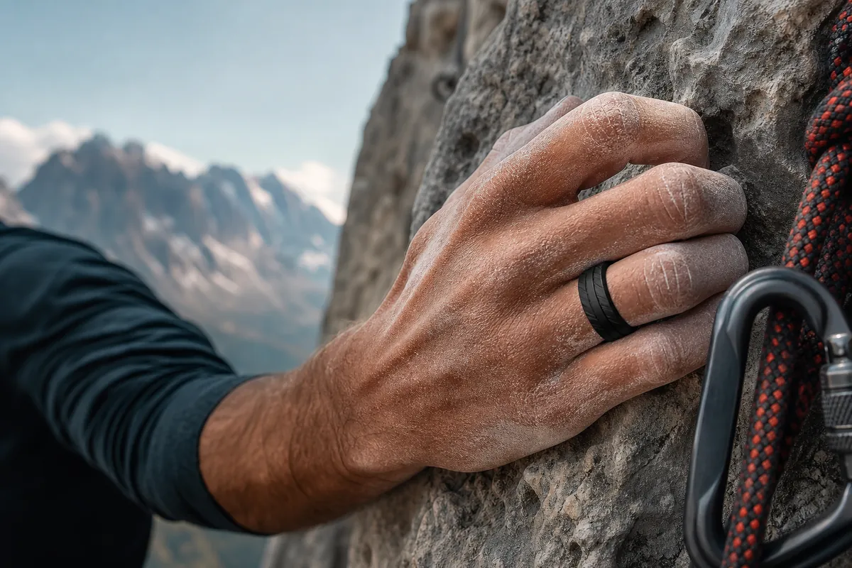 Hero lifestyle shot of a silicone / titanium / tungsten performance ring on or near an athletic hand, contextually illus