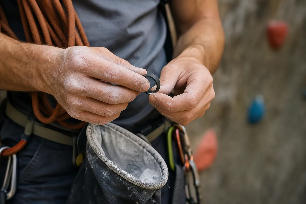 Mid-article supporting image of a person handling or selecting a silicone / titanium / tungsten performance ring on or n