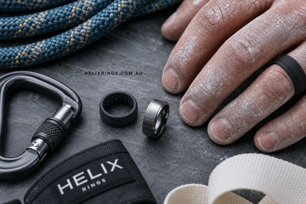 Detail close-up or styled flat-lay of a silicone / titanium / tungsten performance ring on or near an athletic hand with