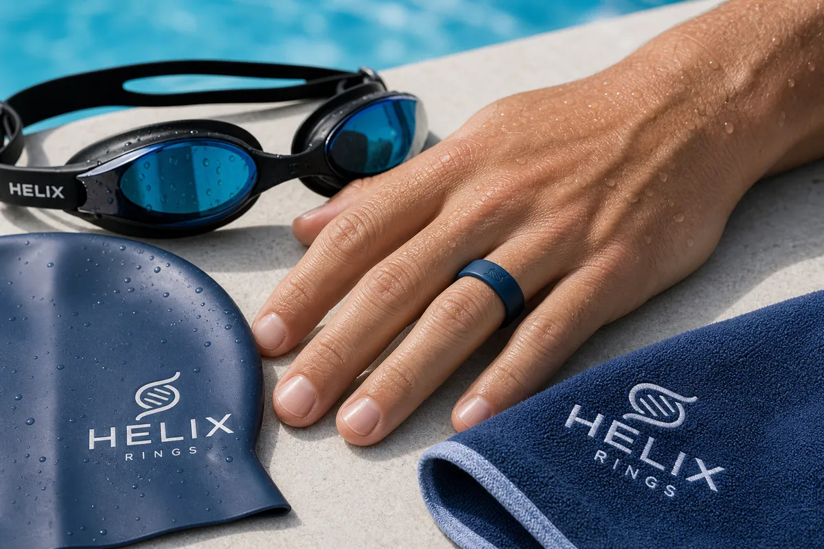 Detail close-up or styled flat-lay of a silicone / titanium / tungsten performance ring on or near an athletic hand with
