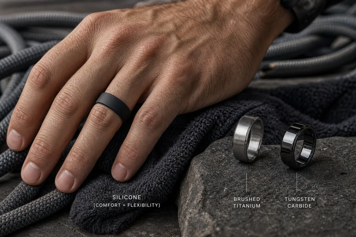 Hero lifestyle shot of a silicone / titanium / tungsten performance ring on or near an athletic hand, contextually illus
