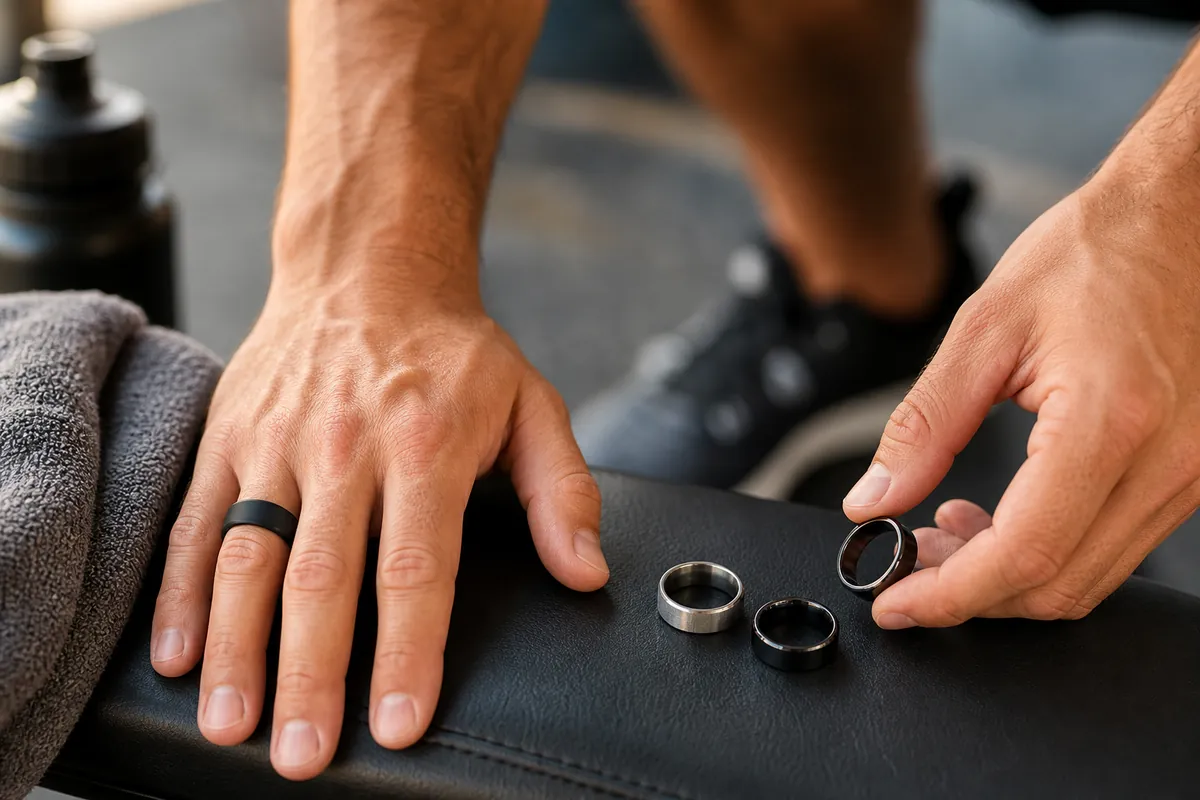 Mid-article supporting image of a person handling or selecting a silicone / titanium / tungsten performance ring on or n