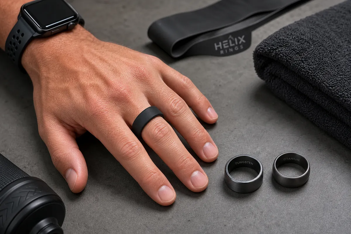 Detail close-up or styled flat-lay of a silicone / titanium / tungsten performance ring on or near an athletic hand with