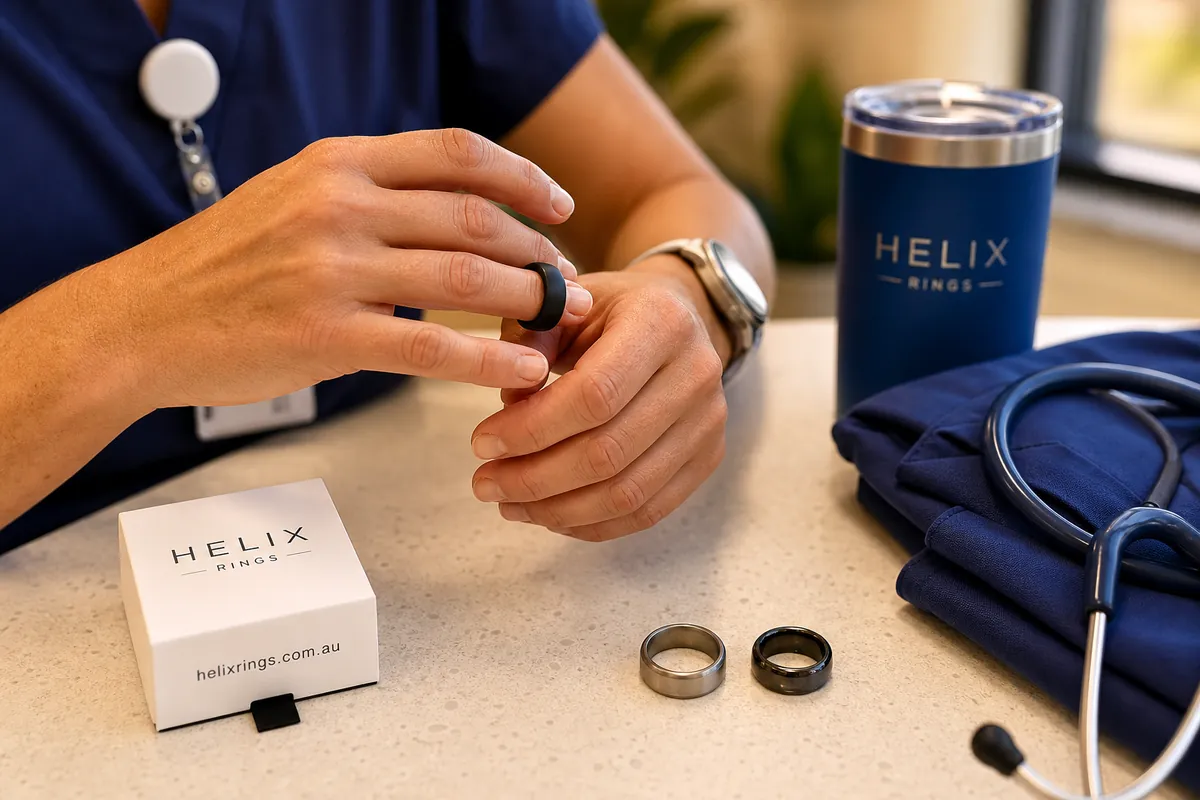 Mid-article supporting image of a person handling or selecting a silicone / titanium / tungsten performance ring on or n
