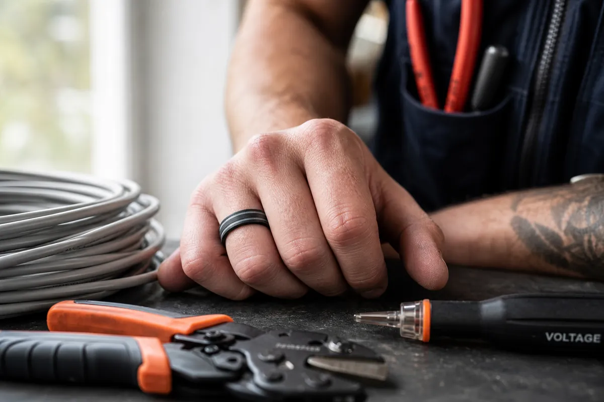 Hero lifestyle shot of a silicone / titanium / tungsten performance ring on or near an athletic hand, contextually illus